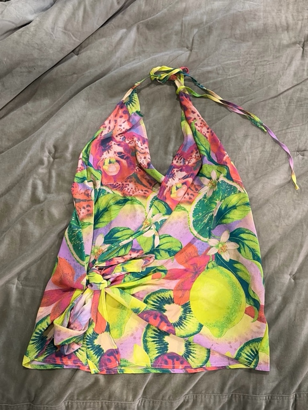 Tropical Halter Mini Dress in Neon Green & Pink